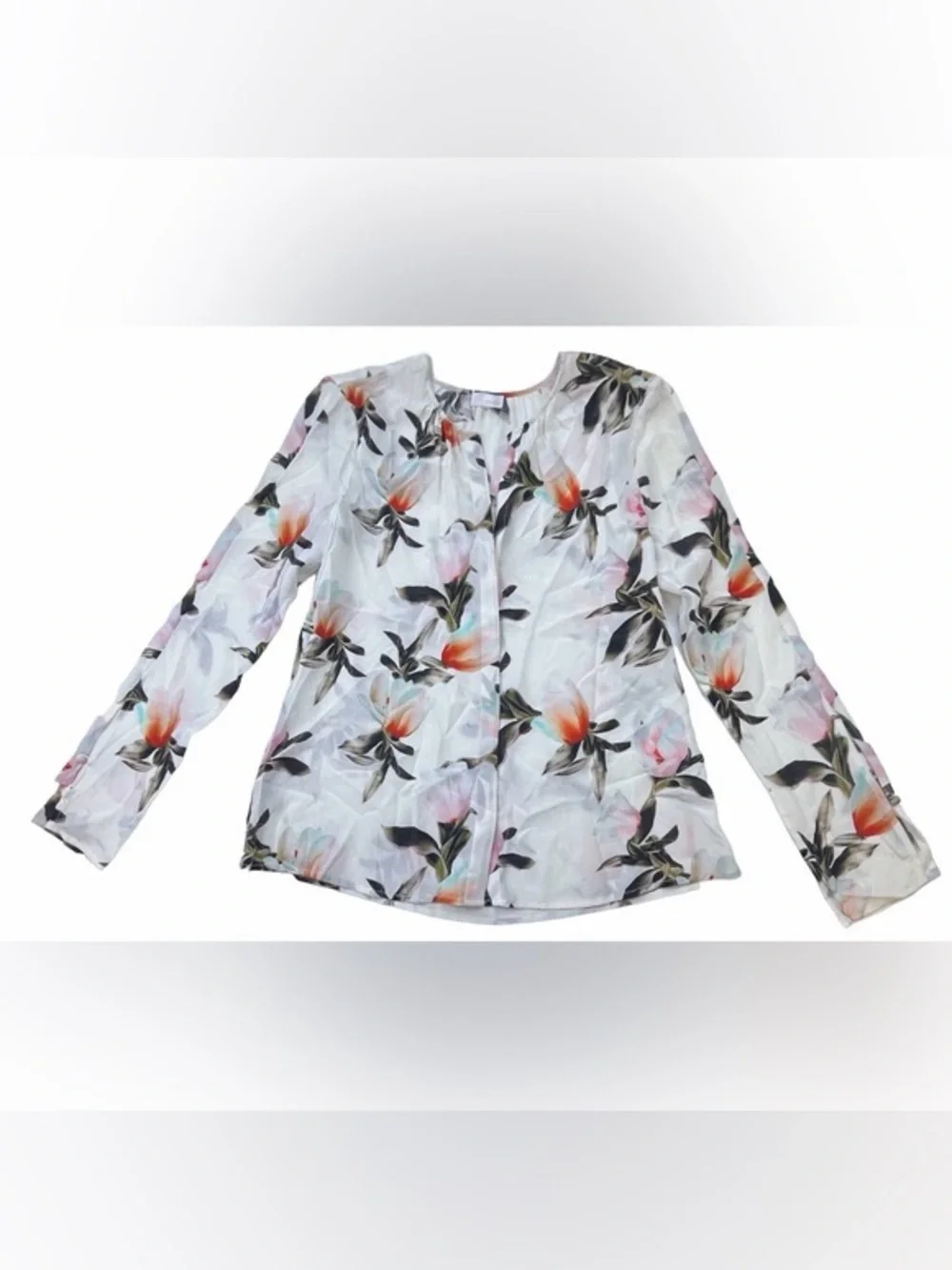 Ecru White Floral 100% Silk Blouse N229-18